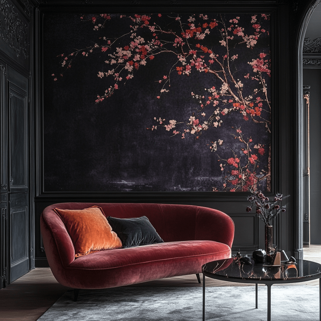 Interior Design living room dark wood and burgundy res upholstery